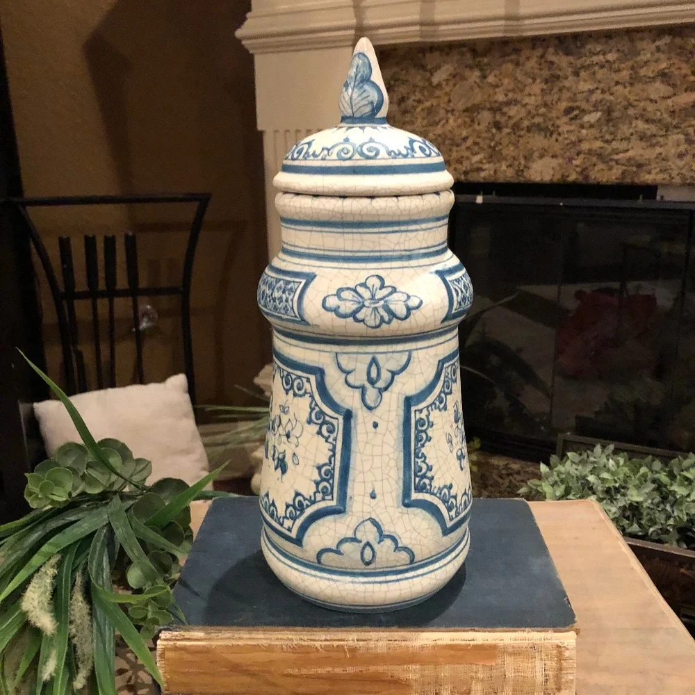 Large Benlloch Spanish Pitcher Vase Crackle Glaze Blue White 13.5 Inches Tall - Picture 3 of 8